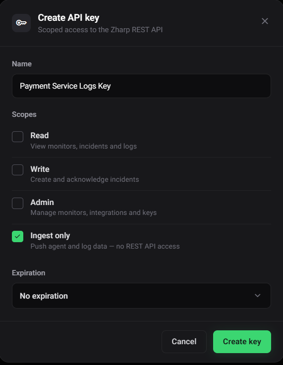 Create API key, with Ingest only ticked