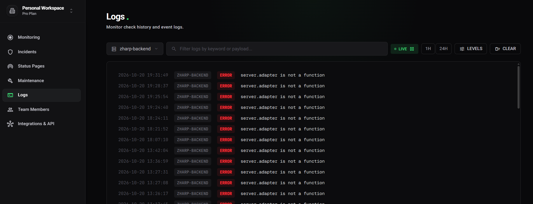 The Logs page, showing lines from one service